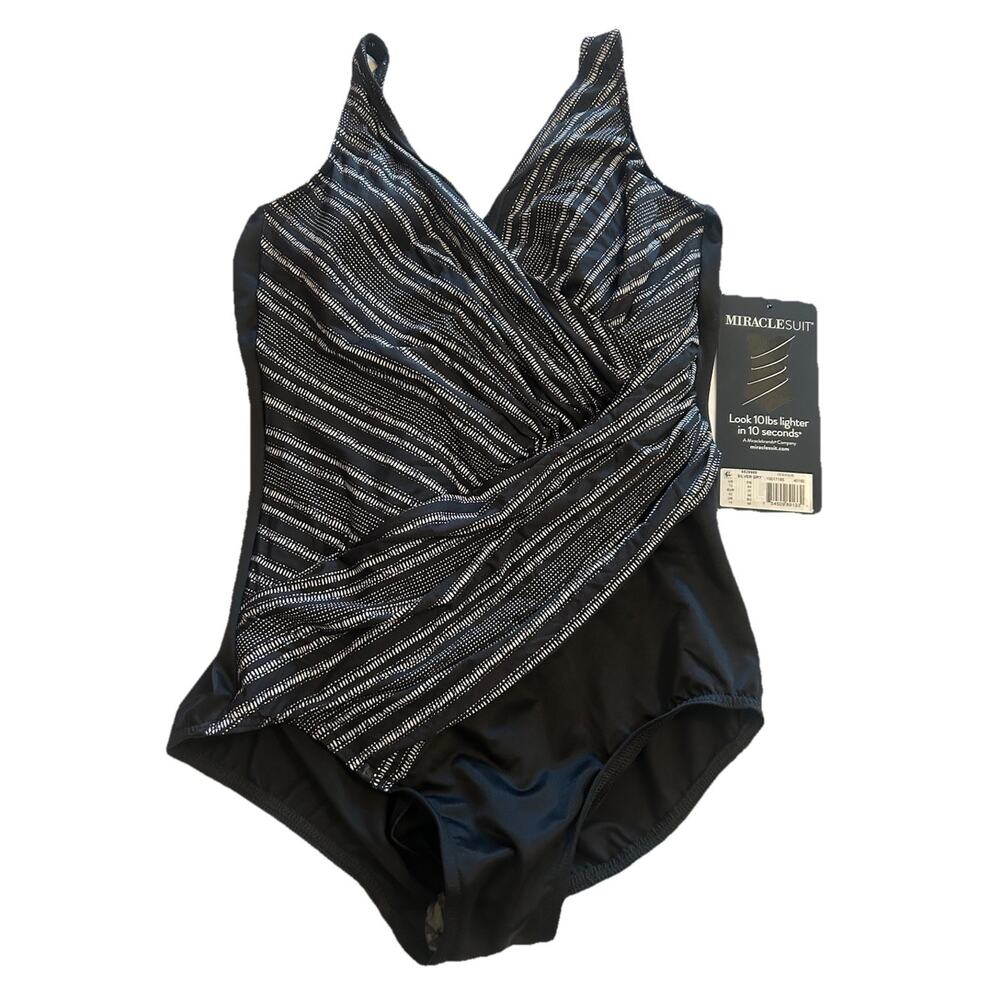 NWT Miraclesuit Silver Grey Oceanus One Piece Swimsuit Size 12 Metallic Striped